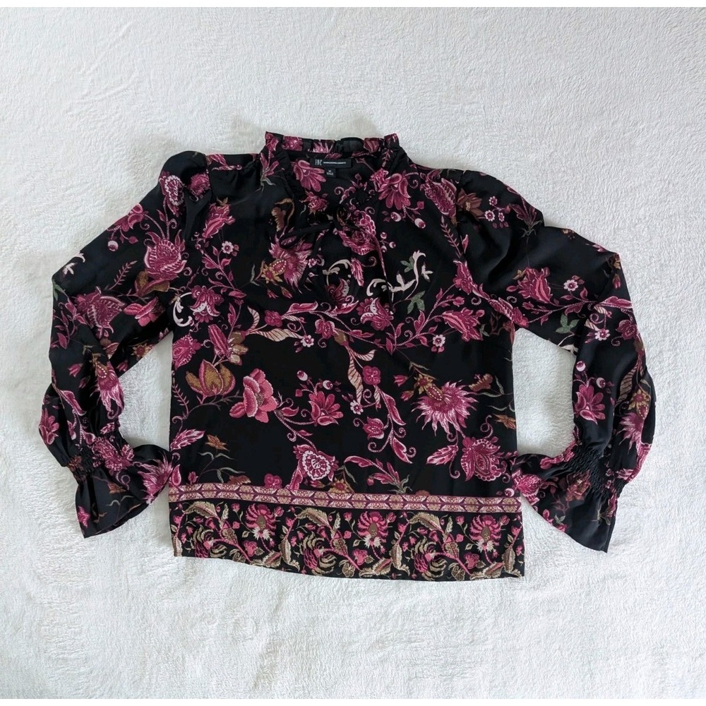INC Blouse Black Floral Paisley Flare Cuff Long Sleeve Boho Sz M Whimsigoth